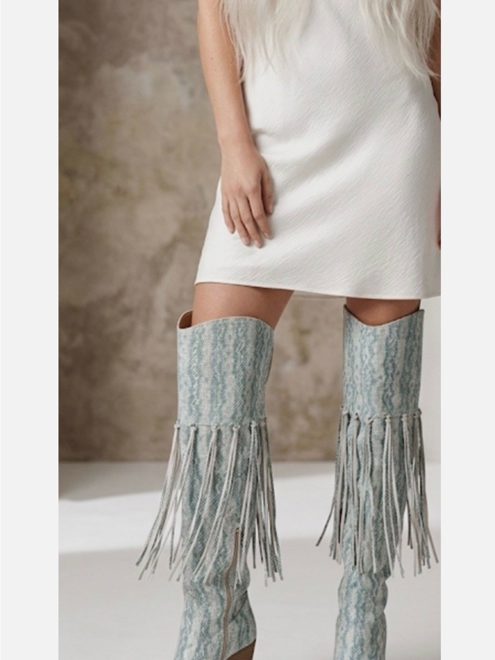 dingo Light Blue Snake-Print Fringe Over-the-Knee Boots